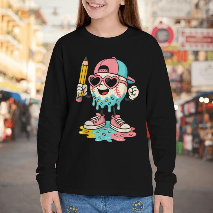 Baseball Drip Ice Cream First Day Back To School Cute Girls Youth Long Sleeve Tee