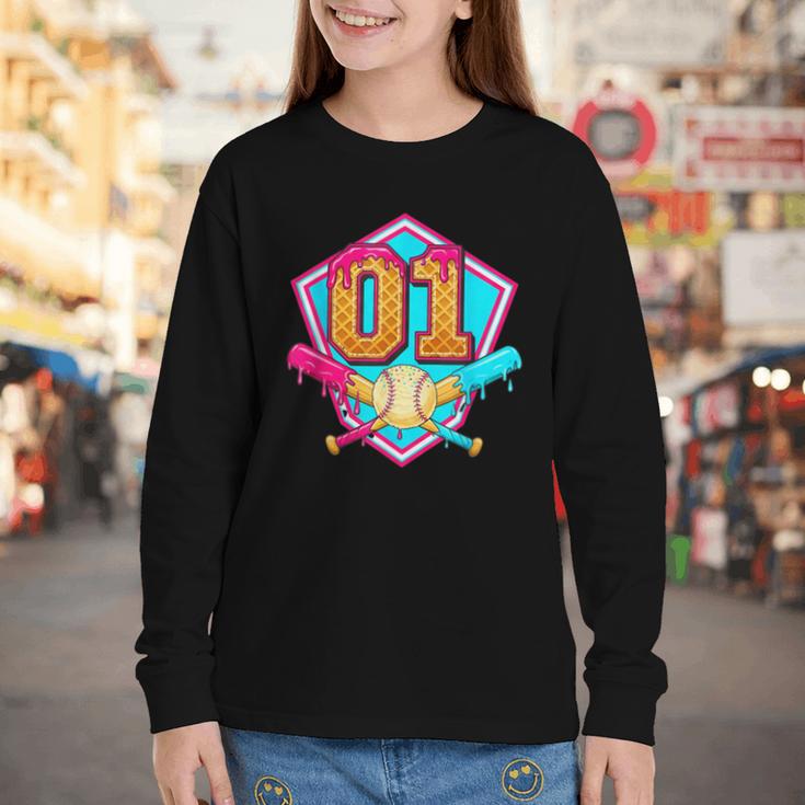 Baseball Drip Jersey Number 1 For Players & 1th Birthday Youth Long Sleeve Tee