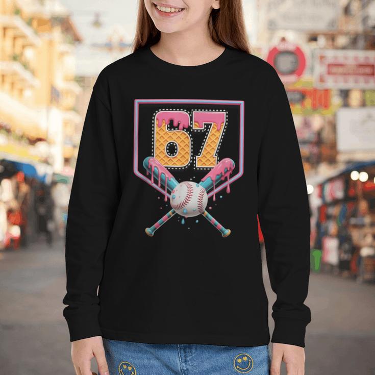 Baseball Drip Number 67 Fun Six Seven 6 7 Meme Youth Long Sleeve Tee Baseball Drip Number 67 Fun Six Seven 6 7 Meme Youth Long Sleeve Tee