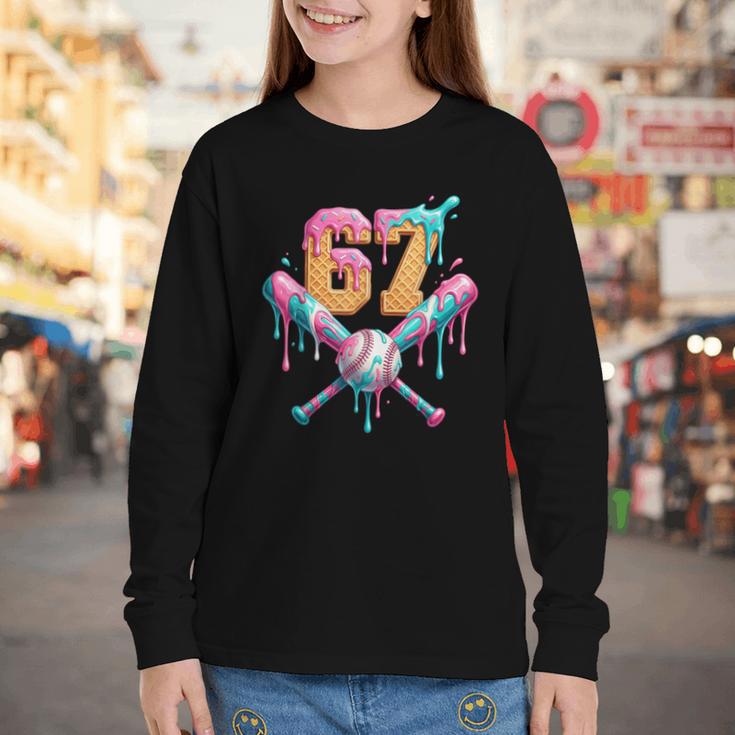 Baseball Drip Number 67 Player Youth Long Sleeve Tee