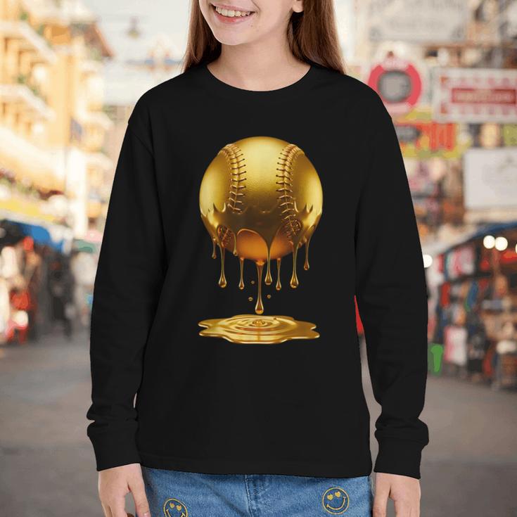 Baseball Dripping Drip Gold Sport Player Coach Baller Youth Long Sleeve Tee