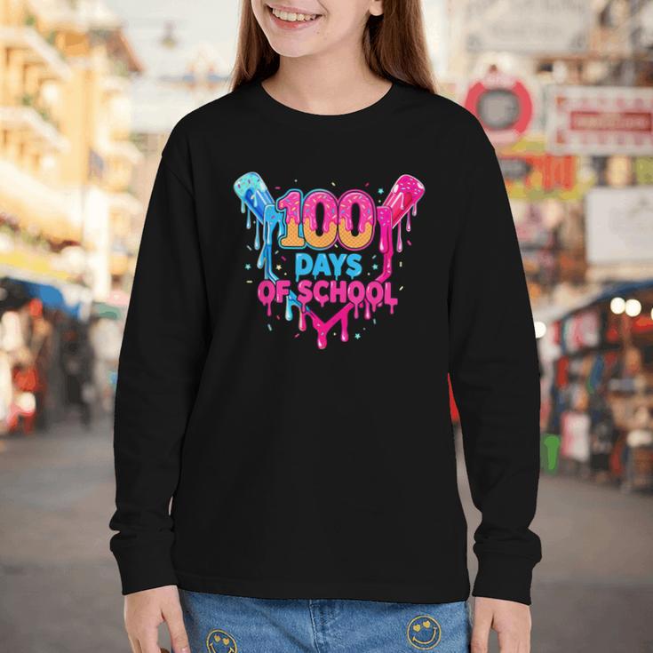 Baseball Ice Cream Drip 100 Days Of School Boys Girls 100th Youth Long Sleeve Tee