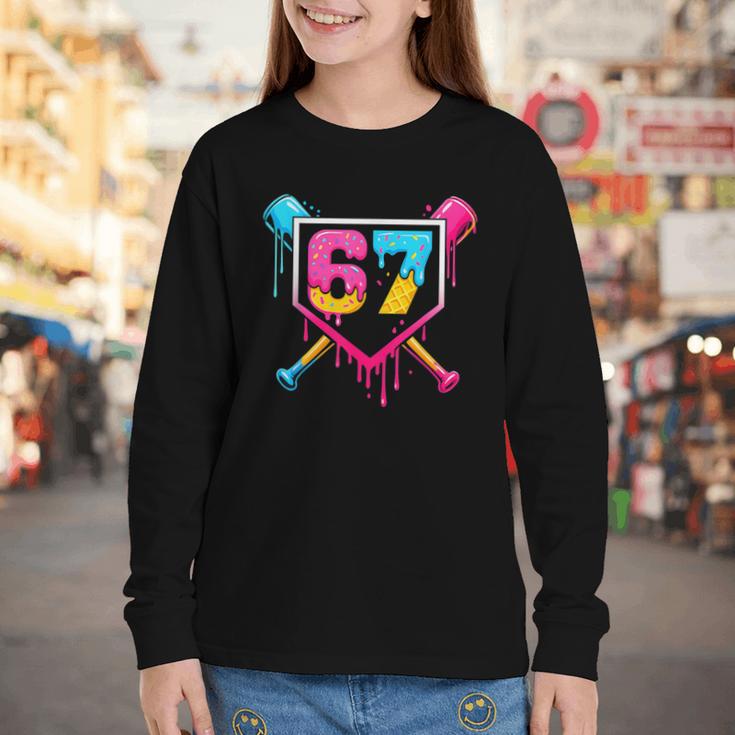 Baseball Ice Cream Drip 67 Meme Six Seven 67th Birthday Youth Long Sleeve Tee Baseball Ice Cream Drip 67 Meme Six Seven 67th Birthday Youth Long Sleeve Tee