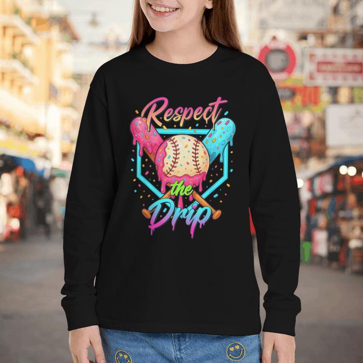 Baseball Ice Cream Drip Number 67 Player 67 Respect The Drip Youth Long Sleeve Tee
