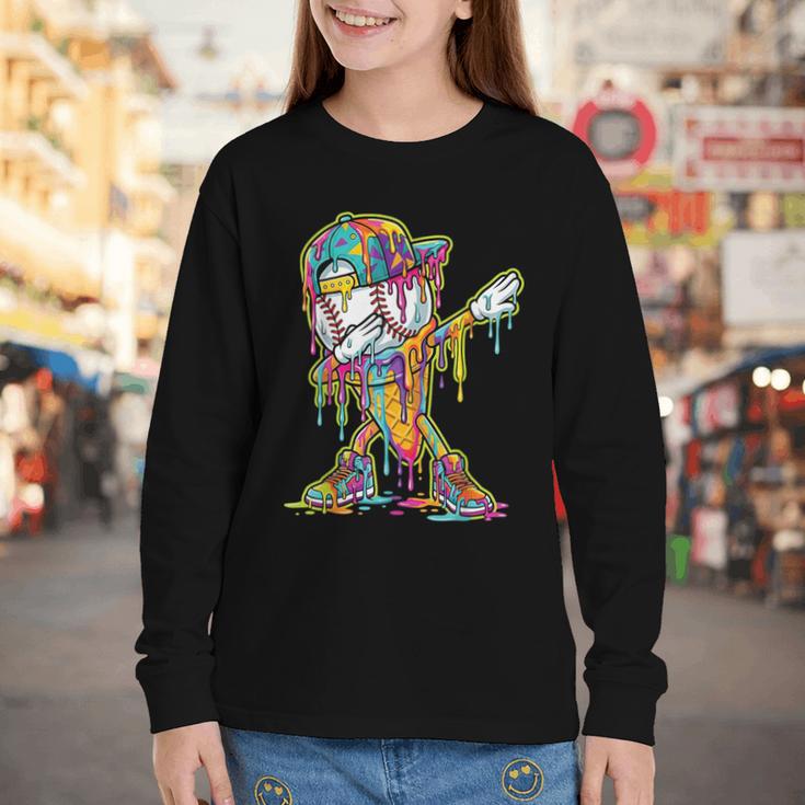Baseball Ice Cream Dripping Dabbing Baseball Drip Youth Long Sleeve Tee