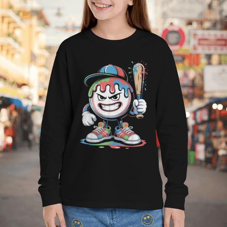 Baseball Mascot Attitude Graffiti Splash Bat Cap Youth Long Sleeve Tee Baseball Mascot Attitude Graffiti Splash Bat Cap Youth Long Sleeve Tee