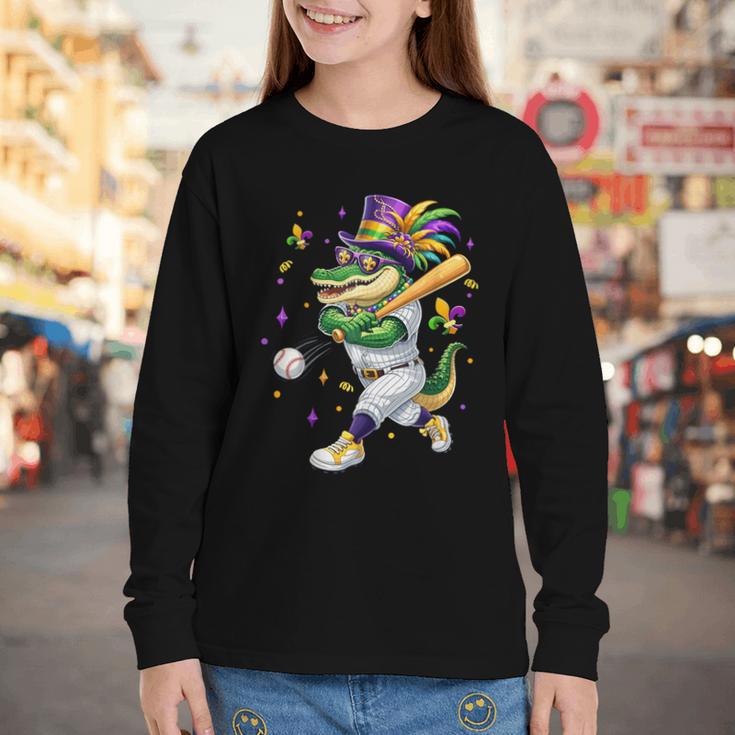 Baseball Player Mardi Gras Alligator Carnival Costume Beads Youth Long Sleeve Tee Baseball Player Mardi Gras Alligator Carnival Costume Beads Youth Long Sleeve Tee