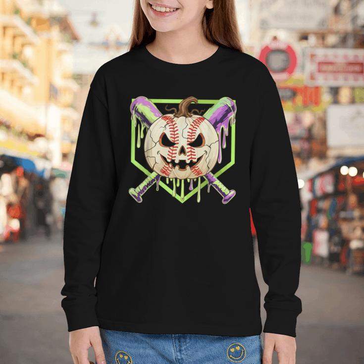 Baseball Pumpkin Halloween Baseball Drip Spooky Halloween Youth Long Sleeve Tee