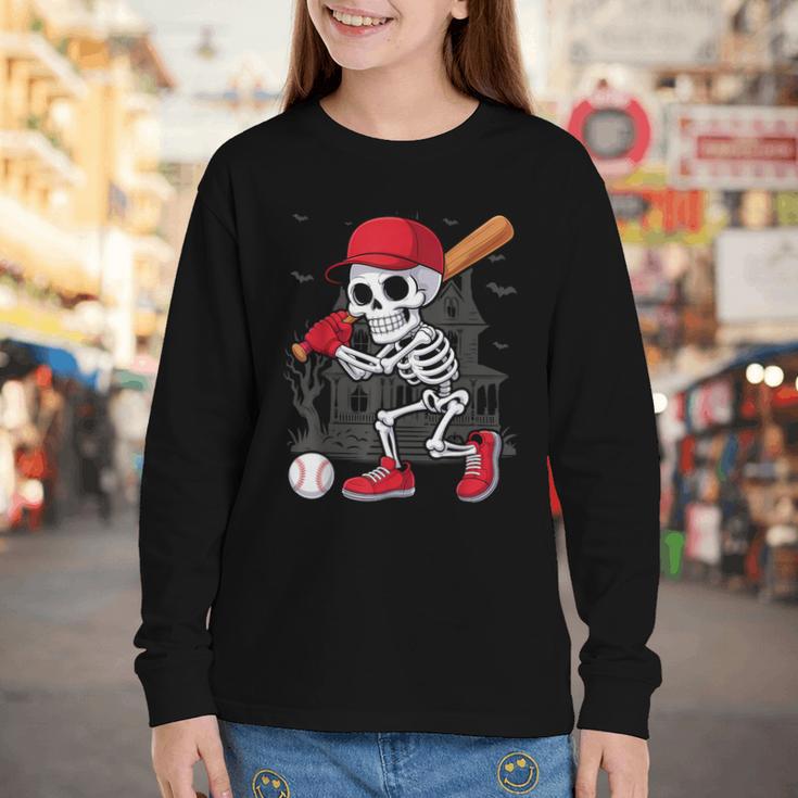 Baseball Skeleton Halloween Playing Youth Long Sleeve Tee Baseball Skeleton Halloween Playing Youth Long Sleeve Tee