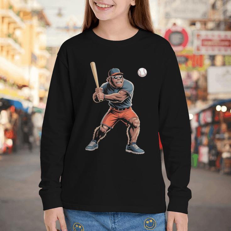 Bigfoot Playing Baseball Boys Kids Men Baseball Player Youth Long Sleeve Tee Bigfoot Playing Baseball Boys Kids Men Baseball Player Youth Long Sleeve Tee