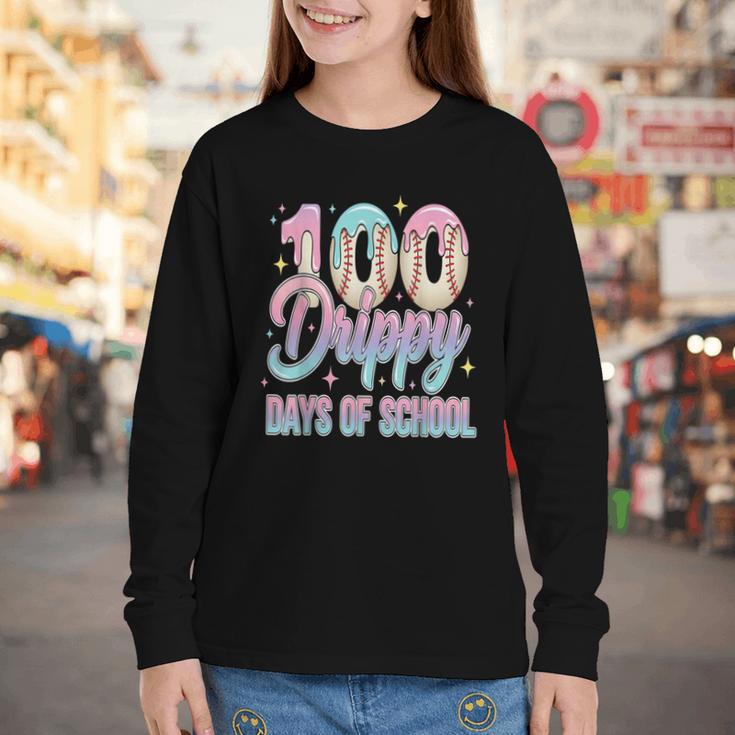 Boys Kids 100 Drippy Days Of School Baseball Drip Ice Cream Youth Long Sleeve Tee