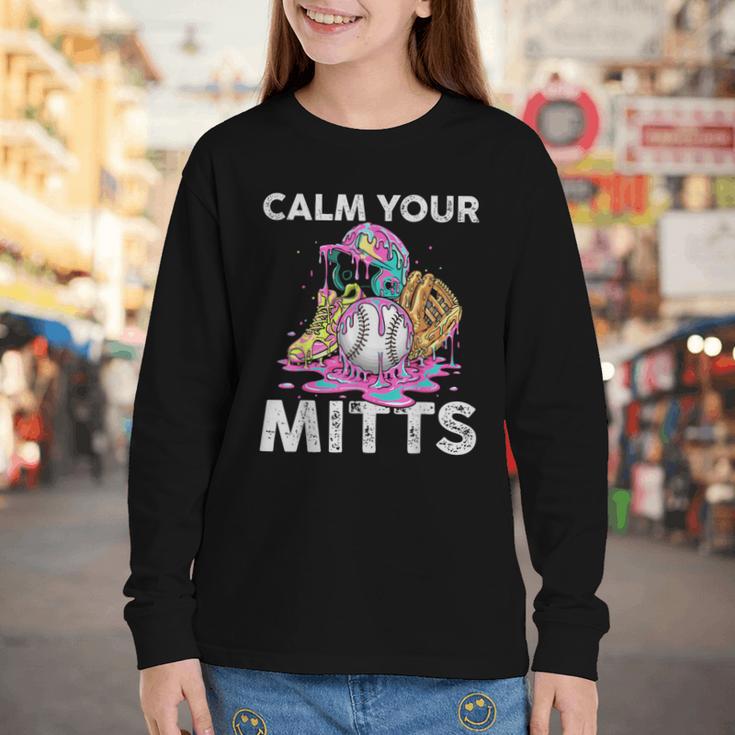 Calm Your Mitts Baseball Ice Cream Drip Crossed Bats Sport Youth Long Sleeve Tee Calm Your Mitts Baseball Ice Cream Drip Crossed Bats Sport Youth Long Sleeve Tee