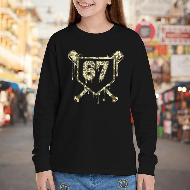 Camo Baseball Ice Cream Drip Number 67 Player 67th Birthday Youth Long Sleeve Tee