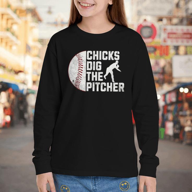 Chicks Dig The Pitcher Baseball Youth Long Sleeve Tee Chicks Dig The Pitcher Baseball Youth Long Sleeve Tee