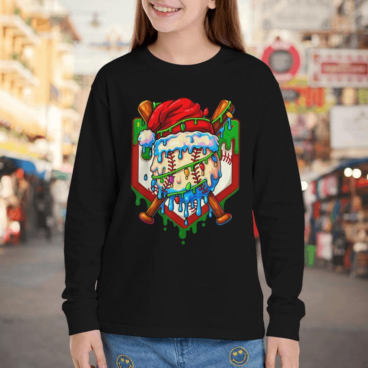 Christmas Baseball Ice Cream Drip Santa Baseball Player Kids Youth Long Sleeve Tee