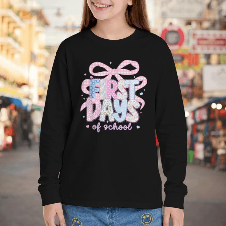 Coquette Bow Happy First Day Of School Back To School Retro Youth Long Sleeve Tee