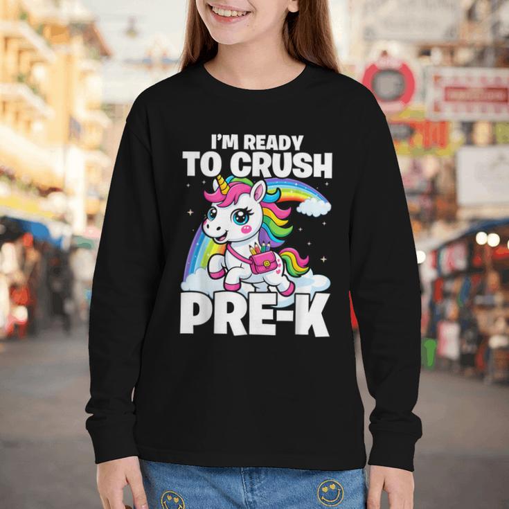 Crush Pre-K Girls Back To School Unicorn First Day Preschool Youth Long Sleeve Tee Crush Pre-K Girls Back To School Unicorn First Day Preschool Youth Long Sleeve Tee
