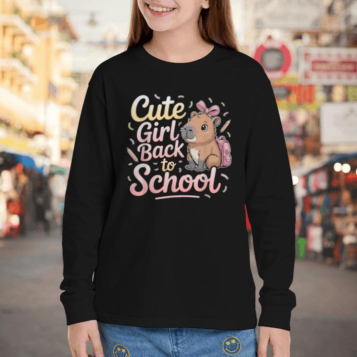 Cute Girl Back To School Capybara First Day Of School Kids Youth Long Sleeve Tee