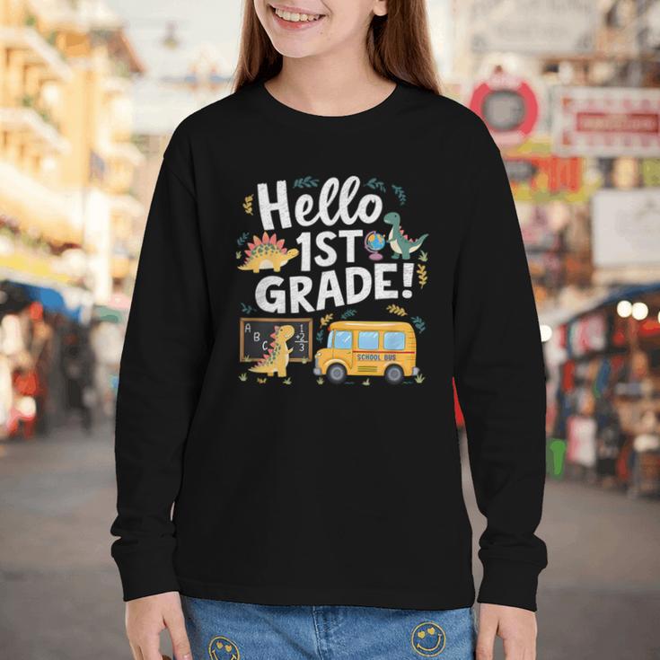 Cute Hello 1st Grade Dinosaur School Back To School Dino Bus Youth Long Sleeve Tee Cute Hello 1st Grade Dinosaur School Back To School Dino Bus Youth Long Sleeve Tee