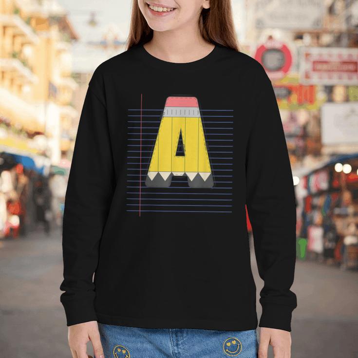 Cute Yellow School Pencil Alphabet Letter A Back To School Youth Long Sleeve Tee