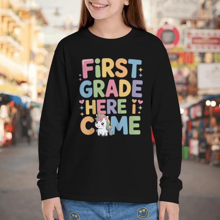 First Grade Here I Come Unicorn Back To School Youth Long Sleeve Tee