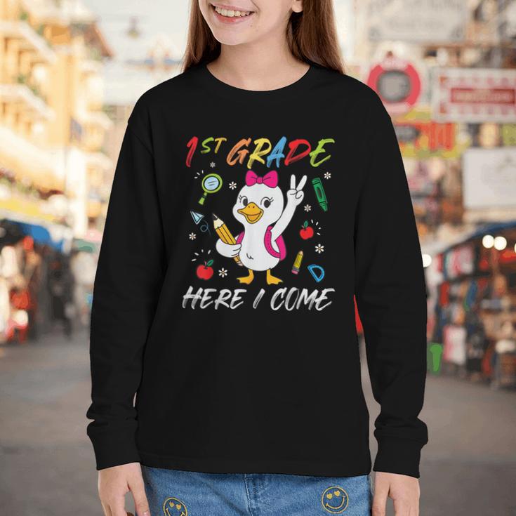 Girls Goose 1st Grade Here I Come Back To School Kids Youth Long Sleeve Tee Girls Goose 1st Grade Here I Come Back To School Kids Youth Long Sleeve Tee
