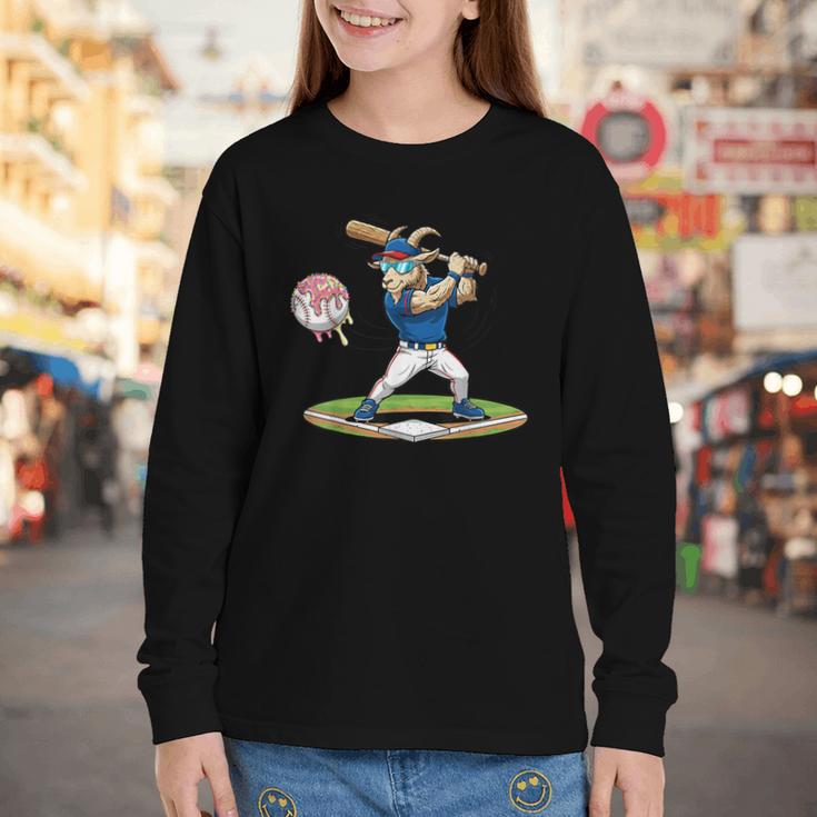 Goat Baseball Player With Bat And Ball Drip Animal Sports Youth Long Sleeve Tee