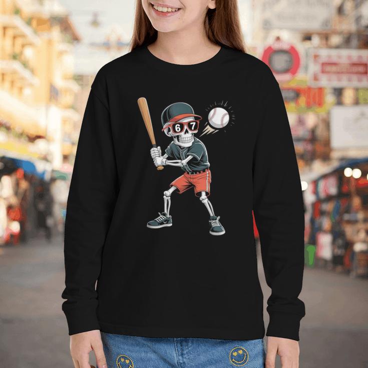Halloween Skeleton Playing Baseball 67 Six Seven Meme Youth Long Sleeve Tee