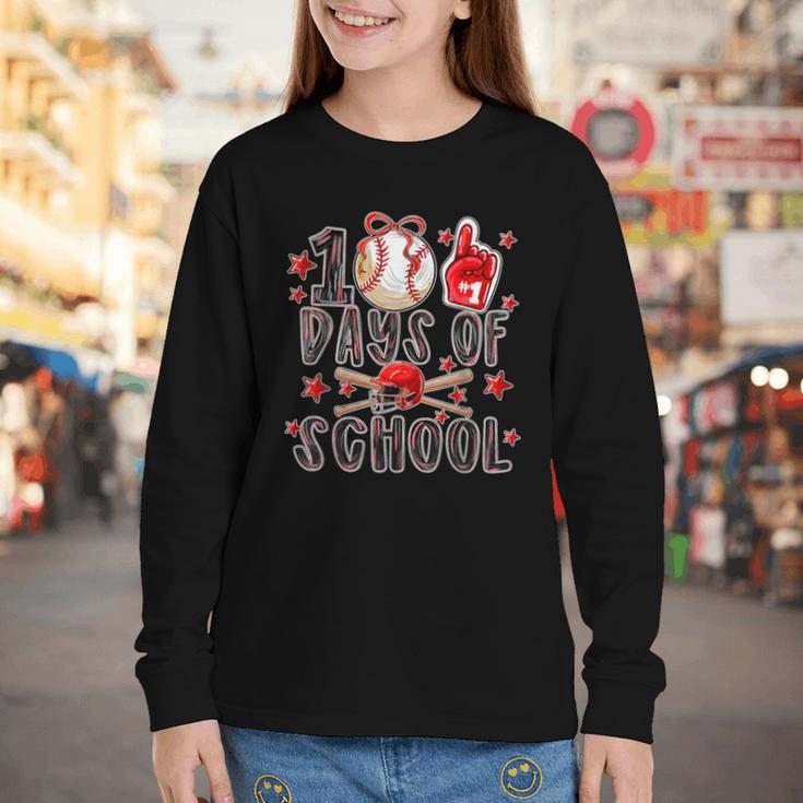 Happy 100 Days Of School Baseball Girls Coquette Bow Teacher Youth Long Sleeve Tee