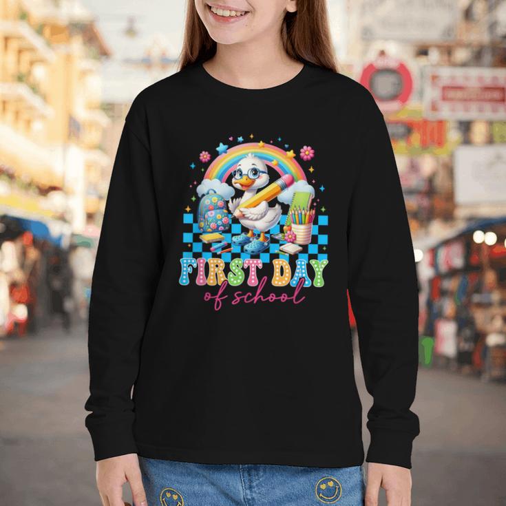 Happy First Day Of School Goose Cute Duck Back To School Youth Long Sleeve Tee Happy First Day Of School Goose Cute Duck Back To School Youth Long Sleeve Tee