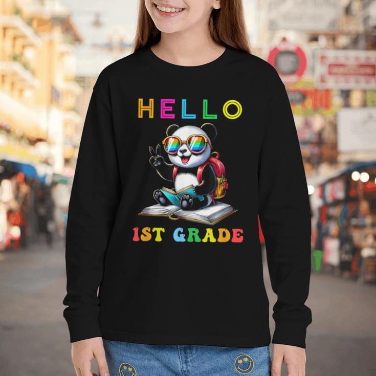Hello First Grade Panda Lover Back To School Kids Boys Girls Youth Long Sleeve Tee
