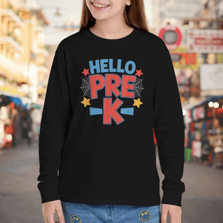 Hello Pre-K Preschool Squad Spider Back To School First Day Youth Long Sleeve Tee