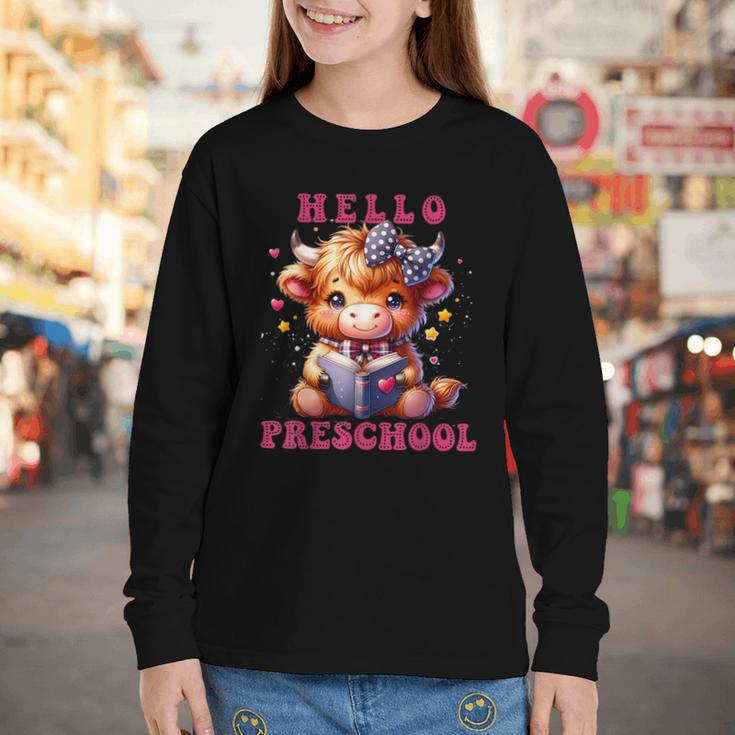 Hello Preschool Cute Highland Cow Lover Back To School Youth Long Sleeve Tee Hello Preschool Cute Highland Cow Lover Back To School Youth Long Sleeve Tee