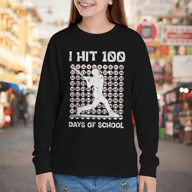 I Hit 100 Days Of School Baseball Player 100th Day Boys Kids Youth Long Sleeve Tee