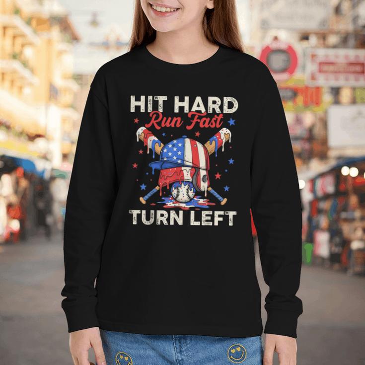 Hit Hard Run Fast Turn Left Baseball Cream Drip Crossed Bats Youth Long Sleeve Tee