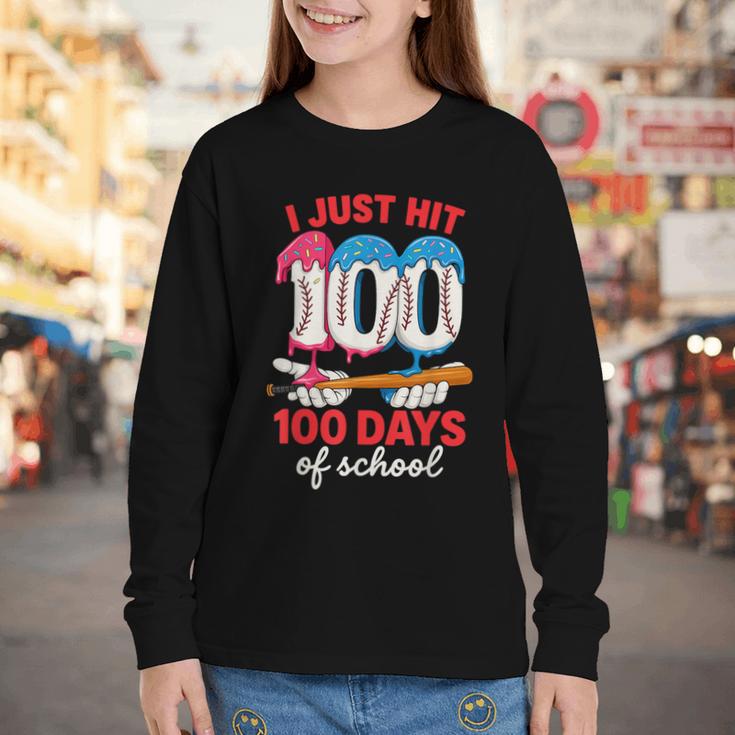 HUGvyn I Just Hit 100 Days Of School Baseball Ice Cream Boys Youth Long Sleeve Tee