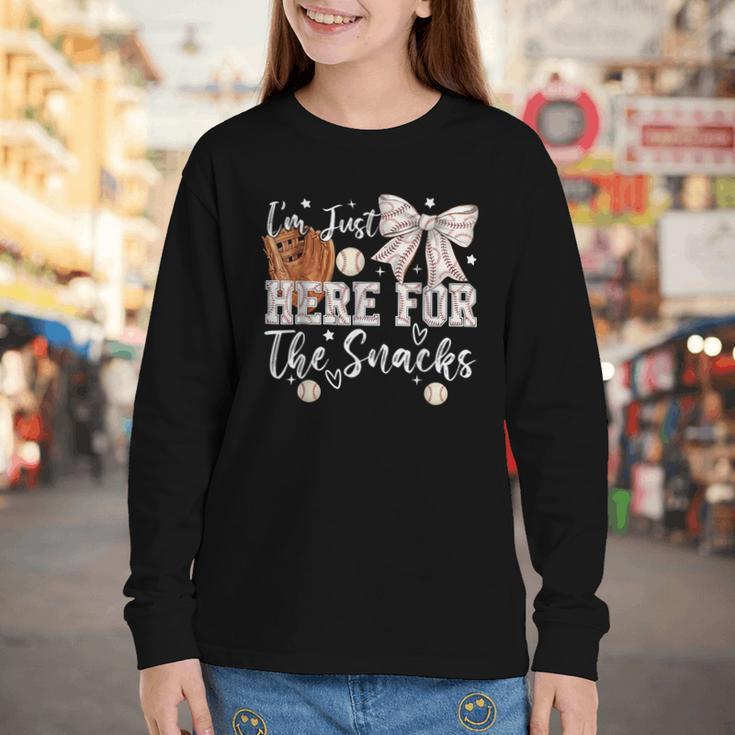 I'm Just Here For The Snacks Baseball Coquette Game Day Girl Youth Long Sleeve Tee