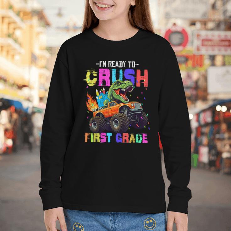 I'm Ready To Crush First Grade Dinosaur Truck Back To School Youth Long Sleeve Tee I'm Ready To Crush First Grade Dinosaur Truck Back To School Youth Long Sleeve Tee
