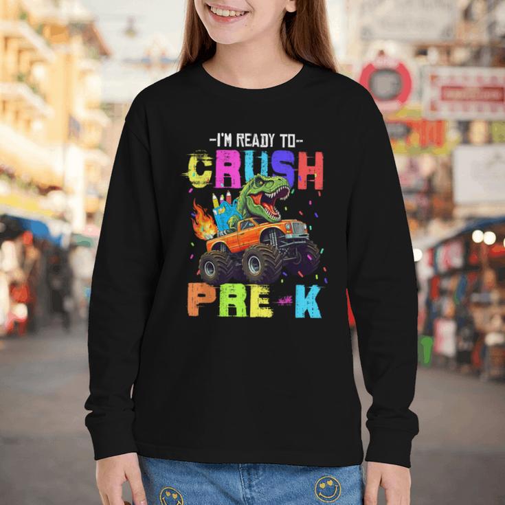 I'm Ready To Crush Pre-k Dinosaur Truck Back To School Boys Youth Long Sleeve Tee I'm Ready To Crush Pre-k Dinosaur Truck Back To School Boys Youth Long Sleeve Tee