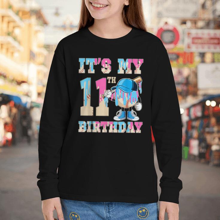It's My 11th Birthday Baseball Ice Cream Drip Theme Youth Long Sleeve Tee