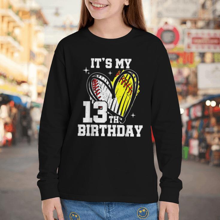 It's My 13th Birthday Baseball Softball Heart 13 Year Old Youth Long Sleeve Tee