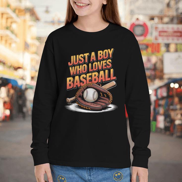 Just A Boy Who Loves Baseball Player Kids Youth Long Sleeve Tee