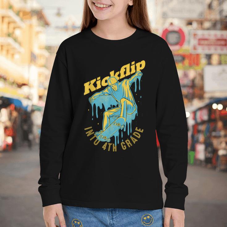 Kickflip Into 4th Grade Skateboard Lover Back To School Youth Long Sleeve Tee