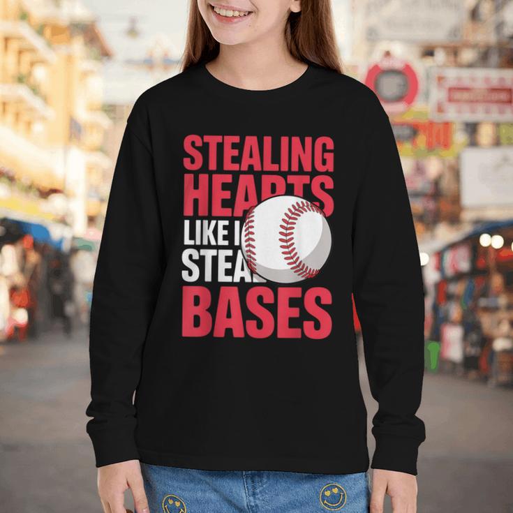 Kids Stealing Hearts Like I Steal Bases Cute Baseball Boys Youth Long Sleeve Tee