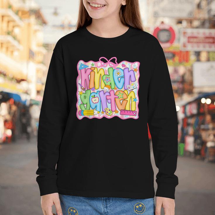 Kindergarten Coquette Bow Back To School Kinder Girl Kids Youth Long Sleeve Tee Kindergarten Coquette Bow Back To School Kinder Girl Kids Youth Long Sleeve Tee