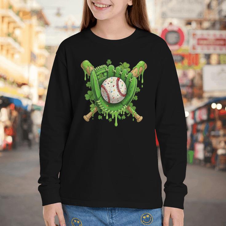 Lucky Shamrock Baseball Gloves Drip St Patrick's Day Boys Youth Long Sleeve Tee