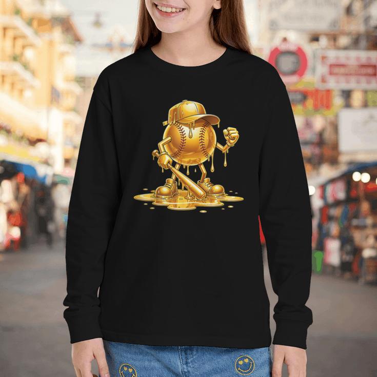 Melting Baseball Mascot Slugger Bat Cap Cartoon Youth Long Sleeve Tee Melting Baseball Mascot Slugger Bat Cap Cartoon Youth Long Sleeve Tee