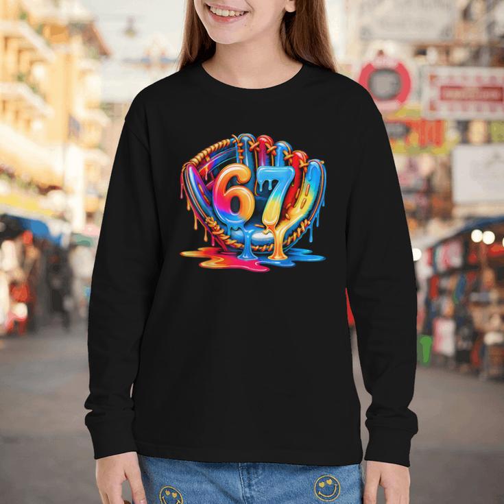 Number 67 Baseball Glove Ice Cream Drip Six Seven Meme Youth Long Sleeve Tee