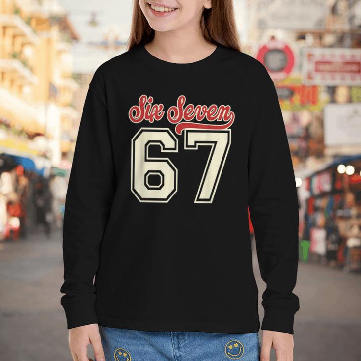 Number 67 Meme Six Seven Baseball Style Kids Boy Teen Youth Long Sleeve Tee Number 67 Meme Six Seven Baseball Style Kids Boy Teen Youth Long Sleeve Tee