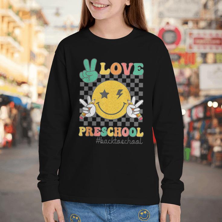 Peace Love Preschool Smile Face Back To School PRESCHOOL Youth Long Sleeve Tee